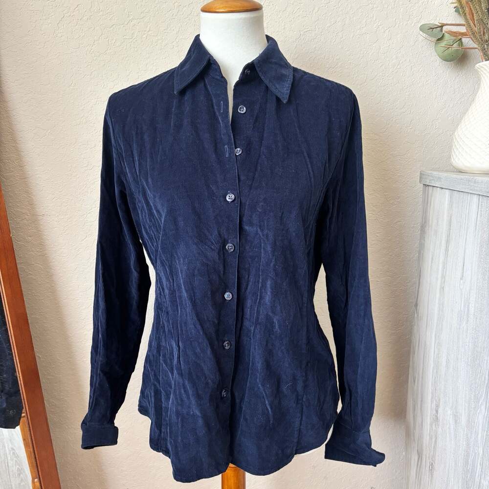 Facconable Women's Navy Blue Corduroy Long Sleeve Button-Up Shirt, Size M.